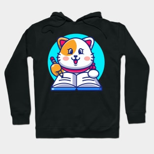 Cute cat writing on book with pencil cartoon Hoodie